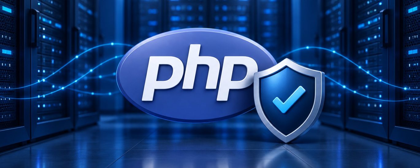 PHP2Shell beveiligingsupdate: PHP-logo met beveiligingsschild en vinkje