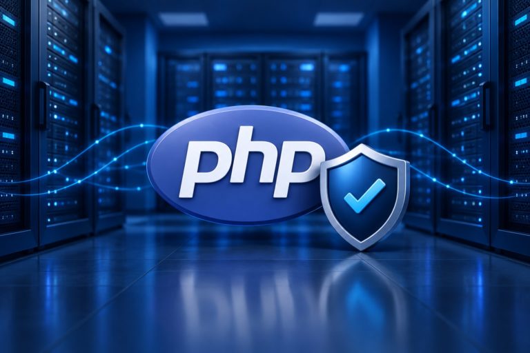 PHP2Shell beveiligingsupdate: PHP-logo met beveiligingsschild en vinkje