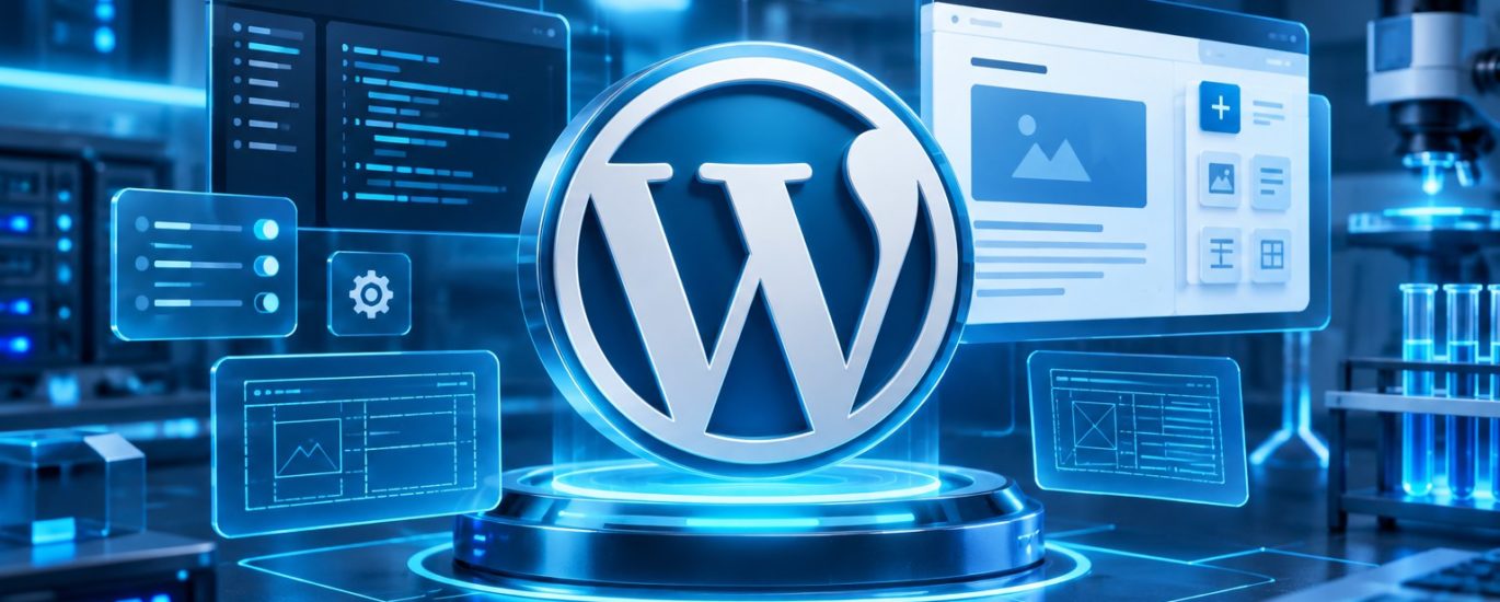 WordPress testomgeving met WordPress-logo en moderne beheerpanelen