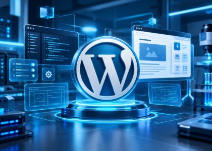 WordPress testomgeving met WordPress-logo en moderne beheerpanelen