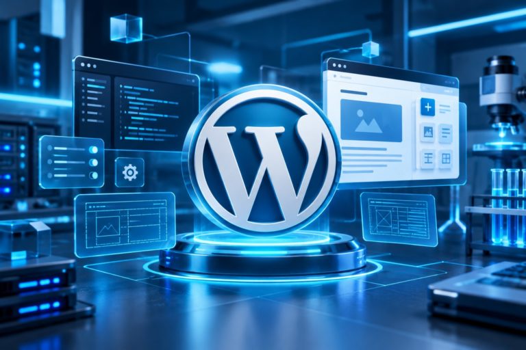 WordPress testomgeving met WordPress-logo en moderne beheerpanelen